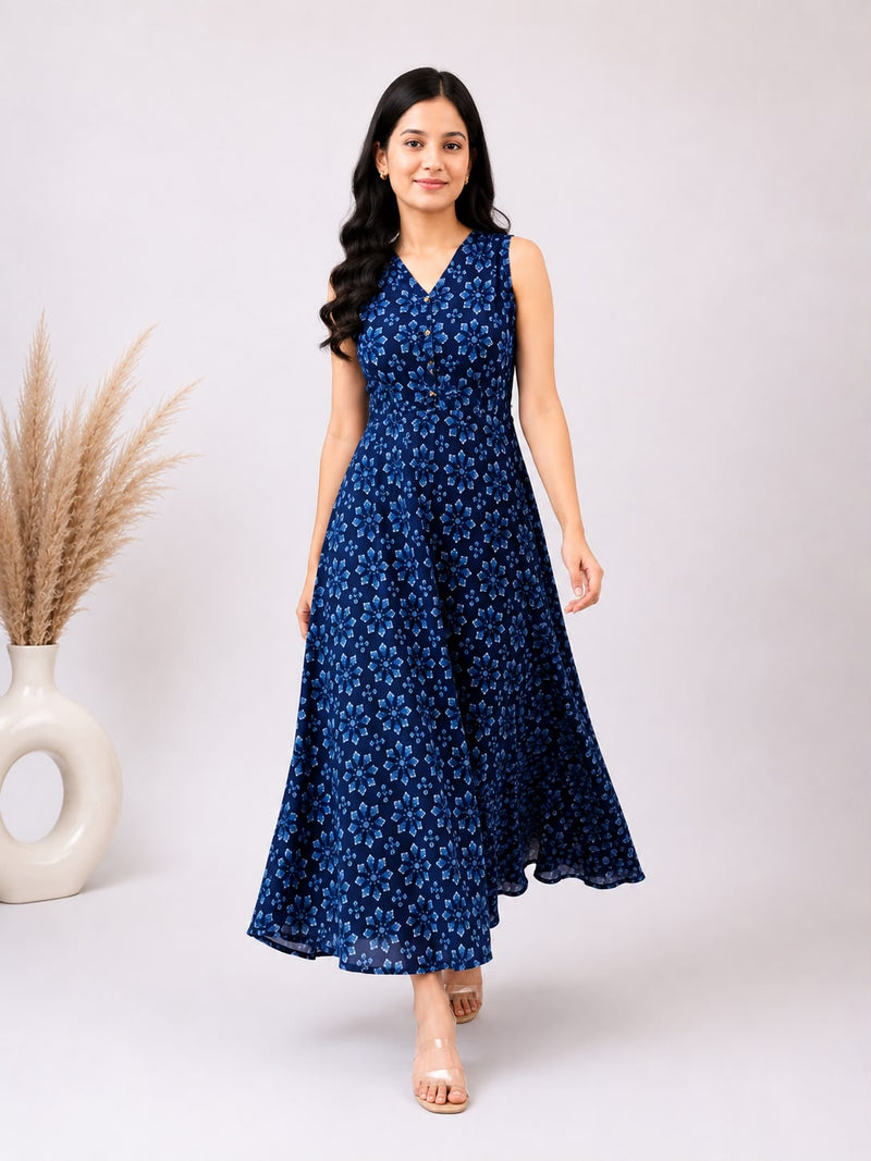 Navy Blue Floral Cotton Maxi Dress for Women