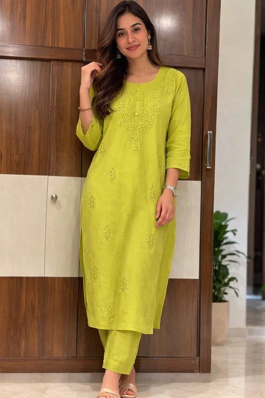 Ruaati Women Mul Cotton Parrot Yellow Chikankari Straight Kurta with Pant Set