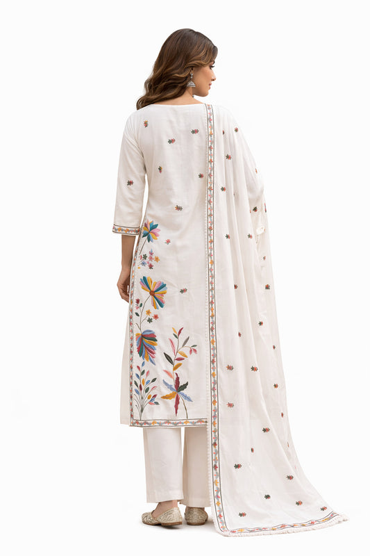 Ruaati Women Pastel Ivory Mul Cotton Kurta Set with Handcrafted Floral Design