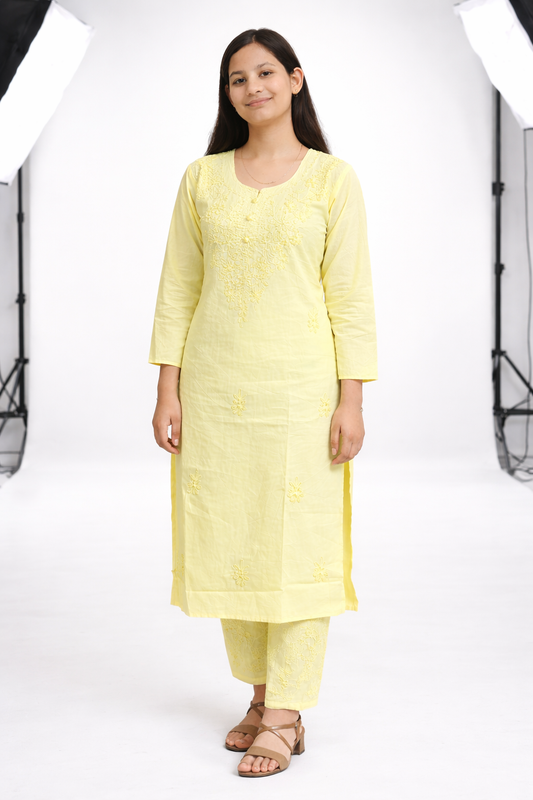 Ruaati Women Mul Cotton Light Yellow Chikankari Straight Kurta with Pant Set