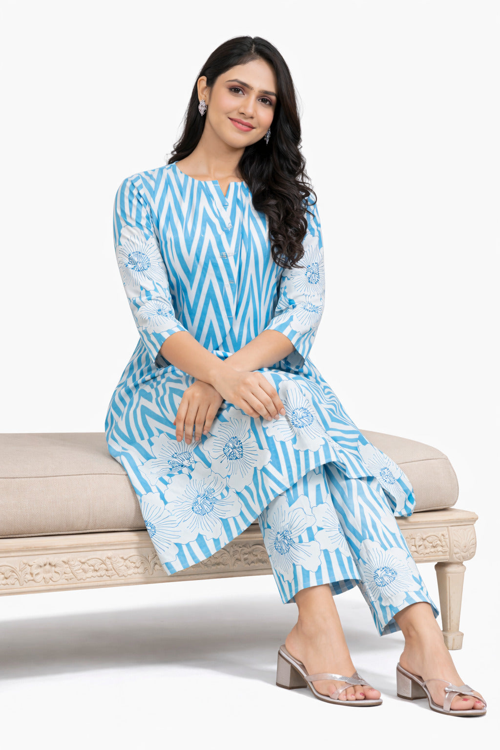 Ruaati Women Sky Blue Printed A-Line Kurta Set with Floral Design