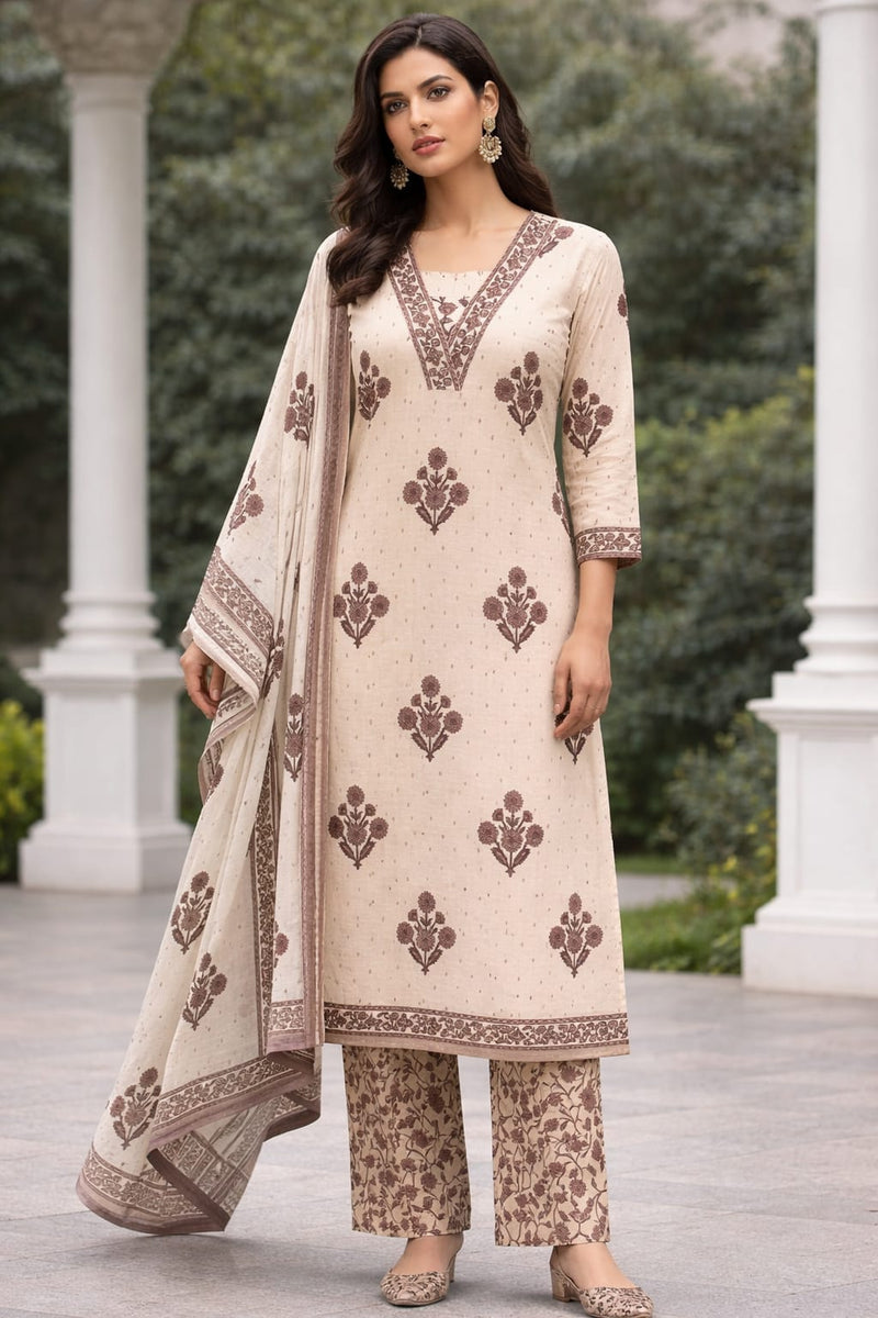 Beige Floral Cotton printed Suit Set