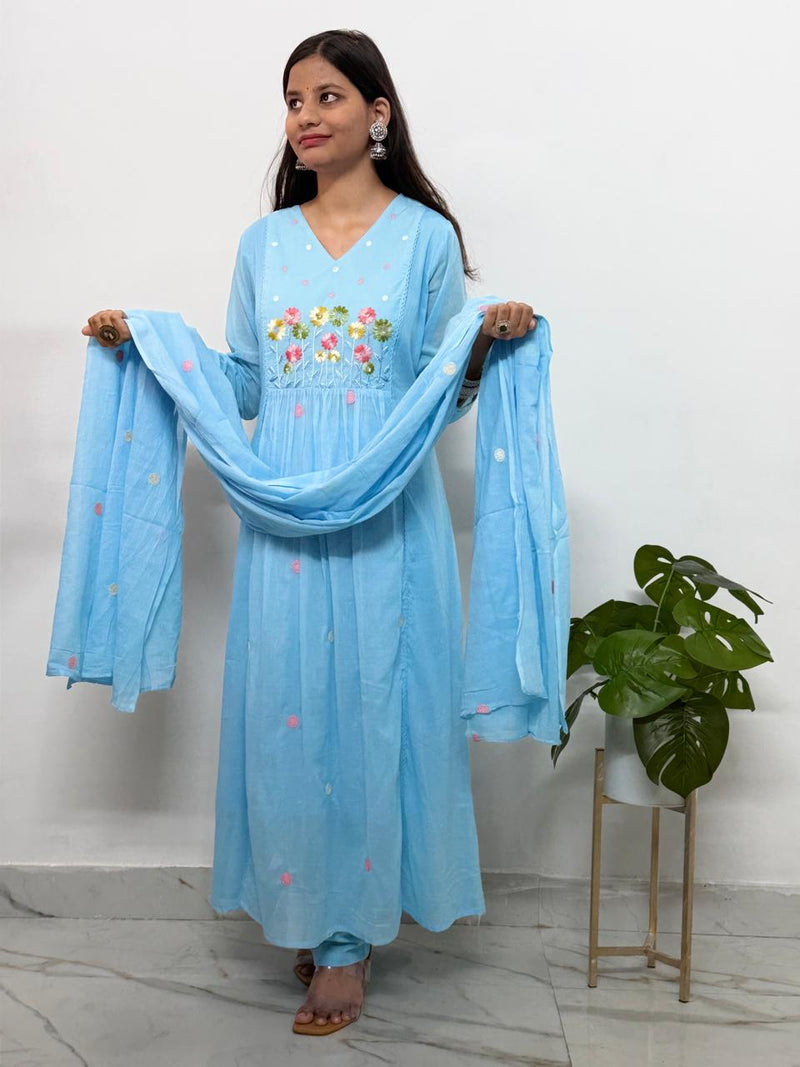 Sky Blue Floral Embroidered Mul Cotton Anarkail Set