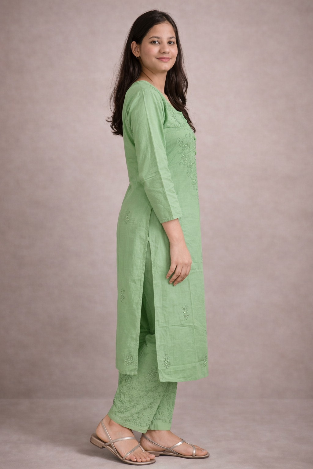 Ruaati Women Mul Cotton Green Chikankari Straight Kurta with Pant Set