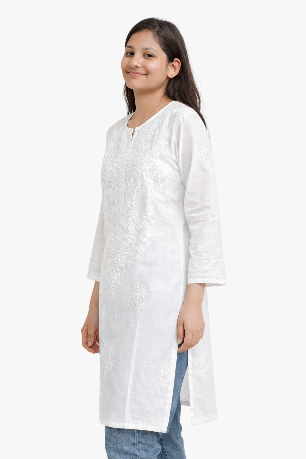 Ruaati Women White Mul Cotton Chikankari Straight Kurta