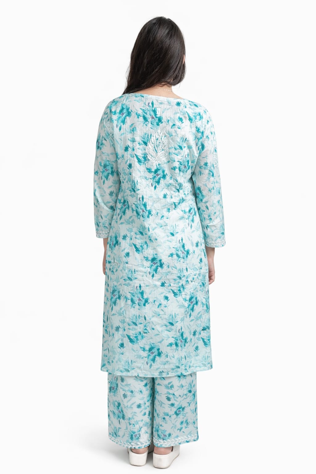 Ruaati Women Chikankari Straight Blue Mul Cotton Kurta with Palazzo