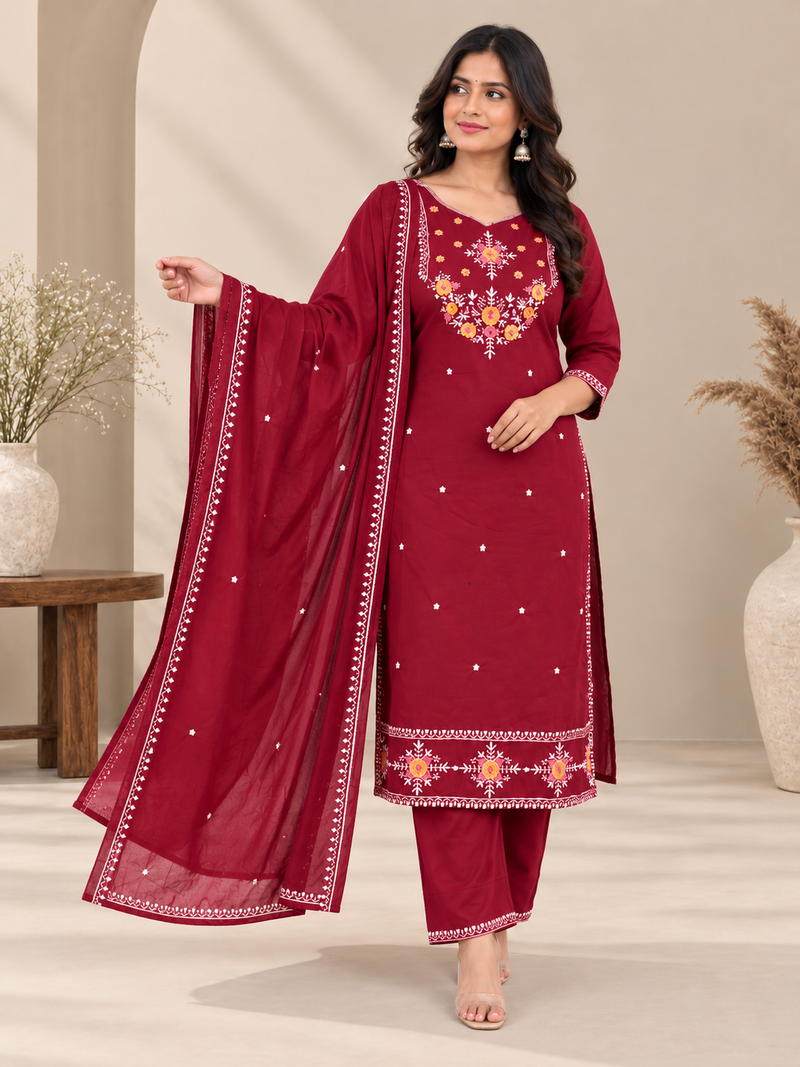 Maroon Embroidered Cotton Suit Set