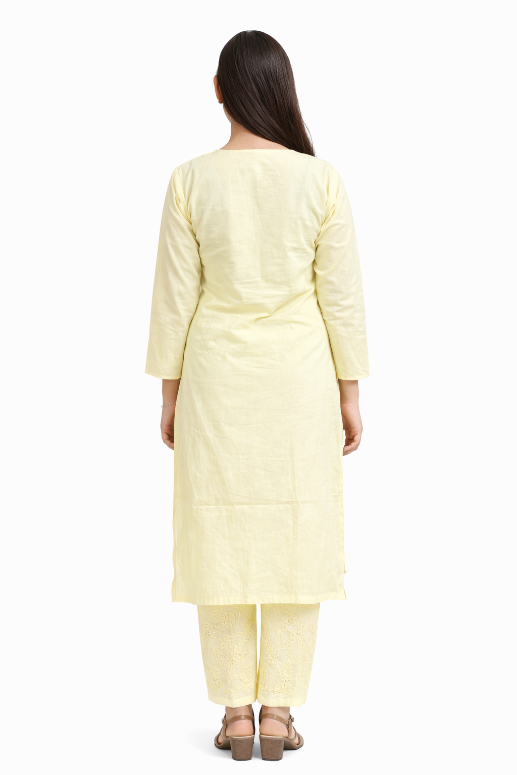 Ruaati Women Mul Cotton Light Yellow Chikankari Straight Kurta with Pant Set