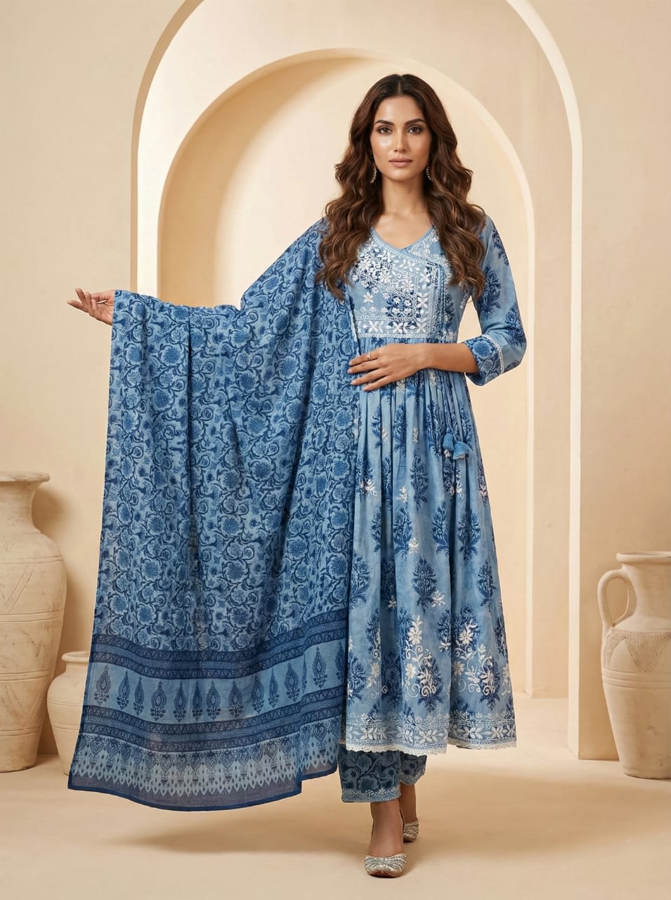 Ruaati Women Elegant Blue Mul Cotton Anarkali Kurta Set with Dupatta