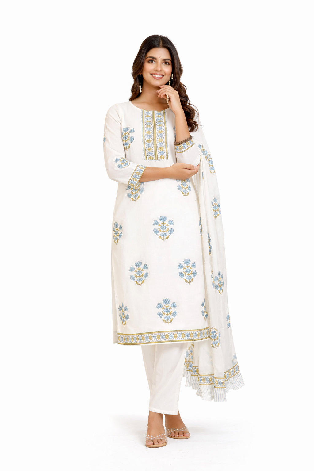 Ruaati Women Pure Mul Cotton Kurta Set with Elegant Block Print & Printed Dupatta