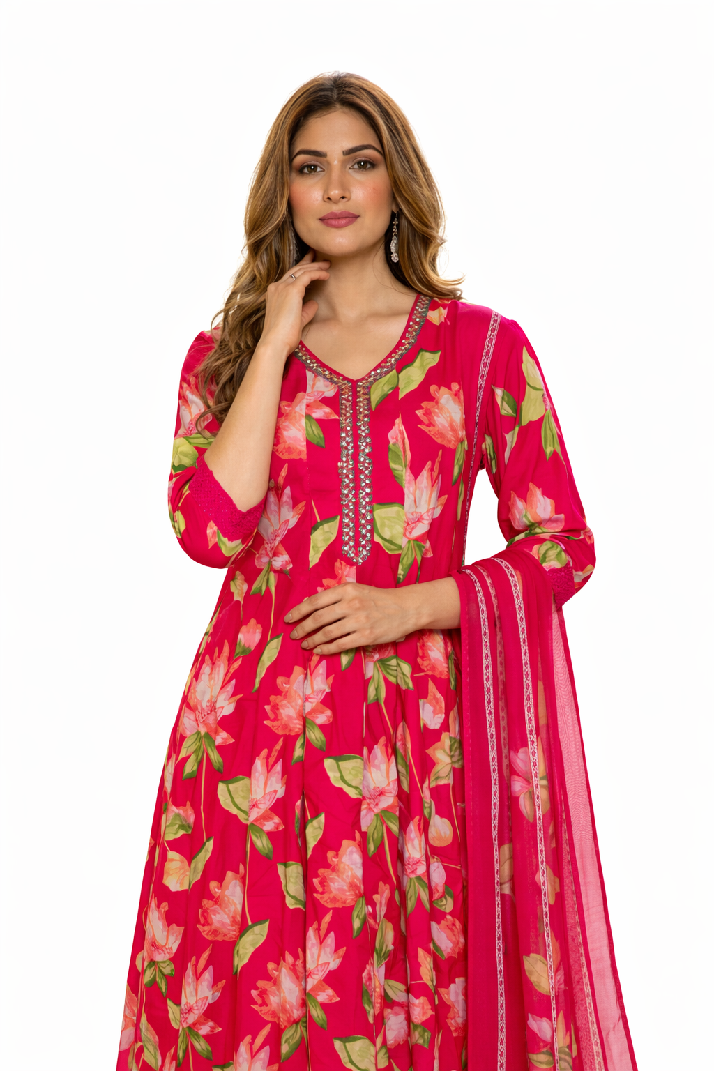 Ruaati Women Women’s Bright Pink Floral Mul Cotton Kurta Set with Dupatta