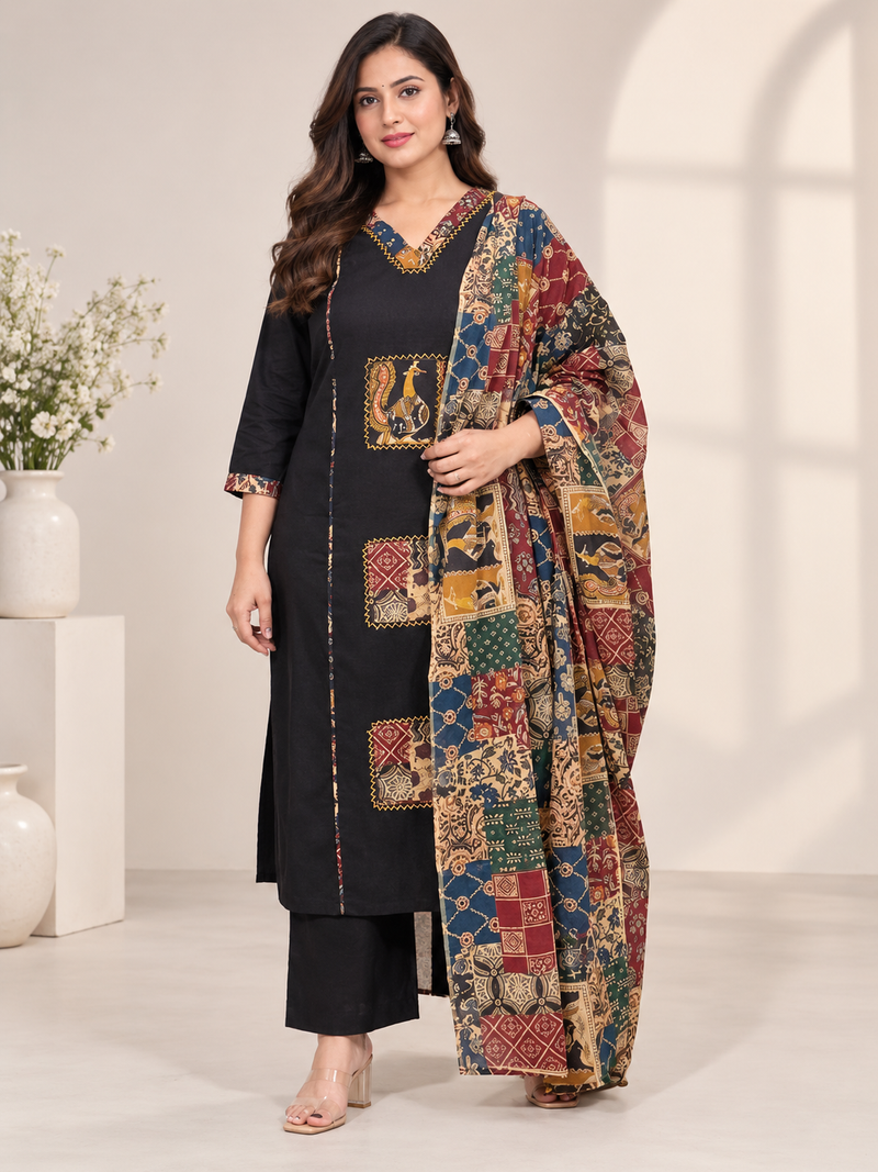 Black Printed Embroidered Suit Set
