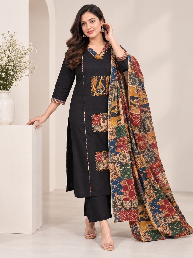 Black Printed Embroidered Suit Set