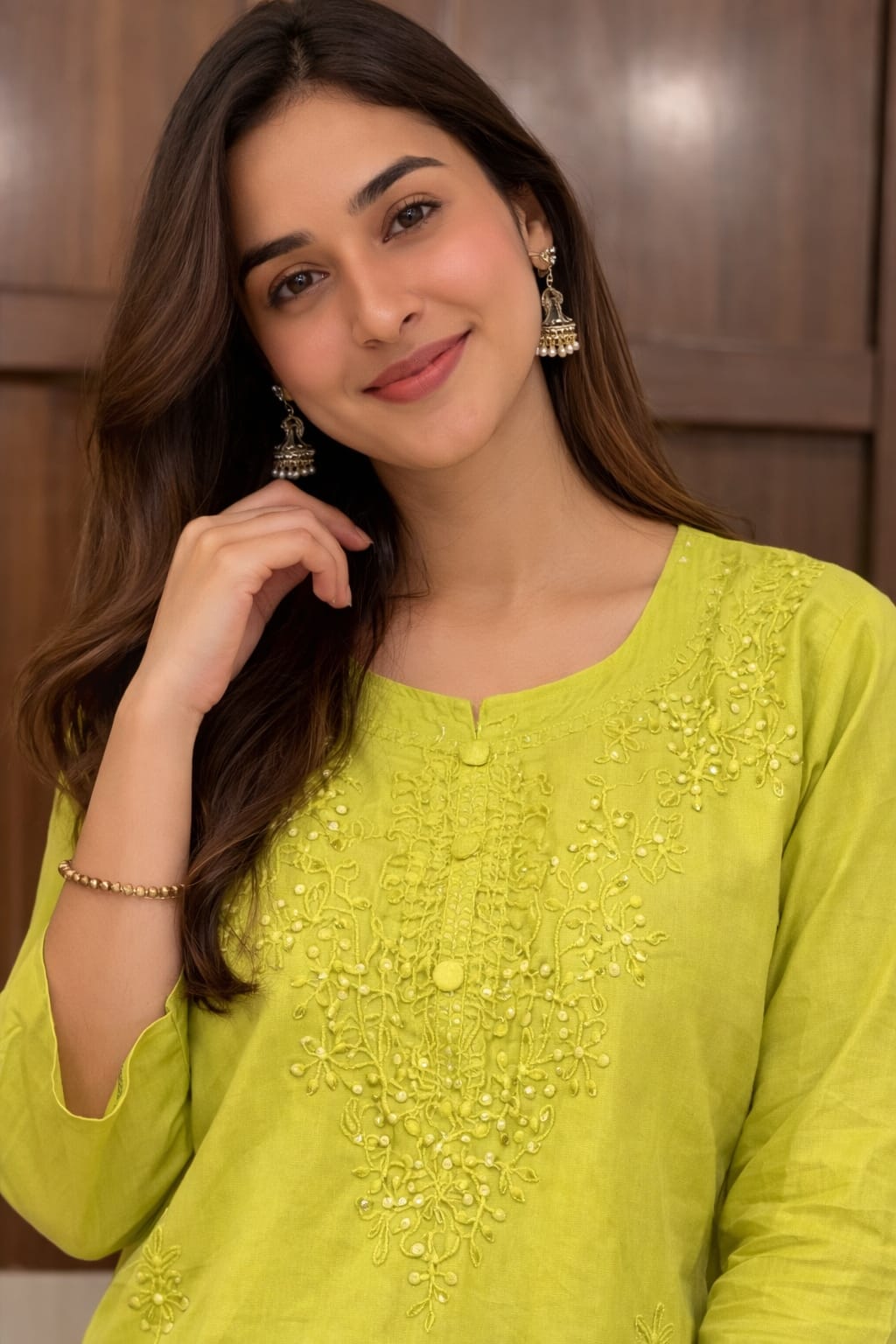 Ruaati Women Mul Cotton Parrot Yellow Chikankari Straight Kurta with Pant Set