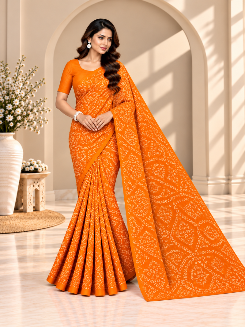 Orange Bandhani Printed Georgette Saree