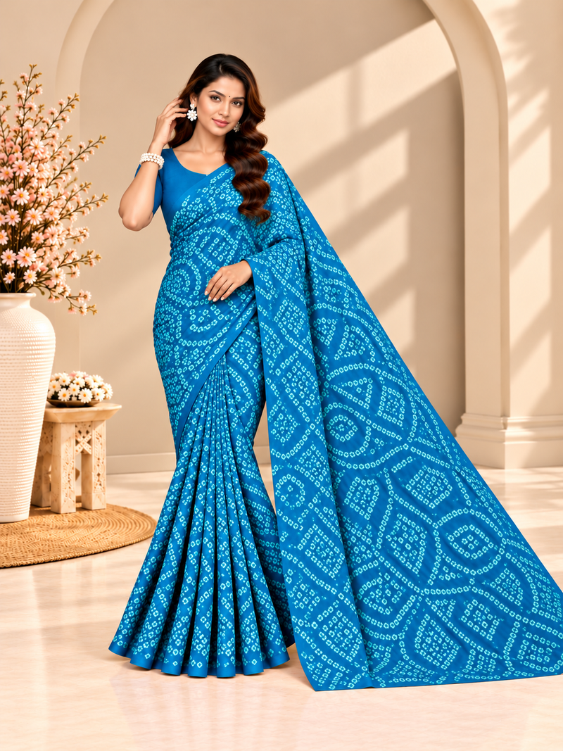 Blue Bandhani Printed Georgette Saree
