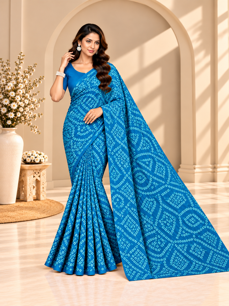 Blue Bandhani Printed Georgette Saree