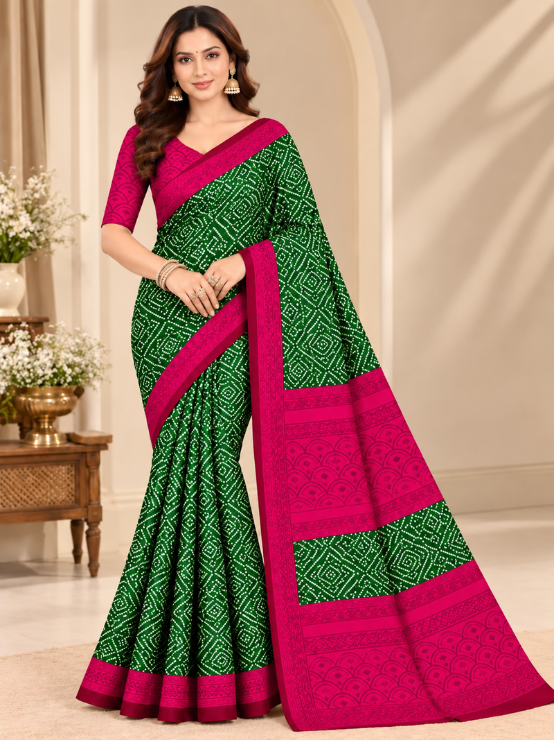 Green Bandhani Printed Saree With Pink Border