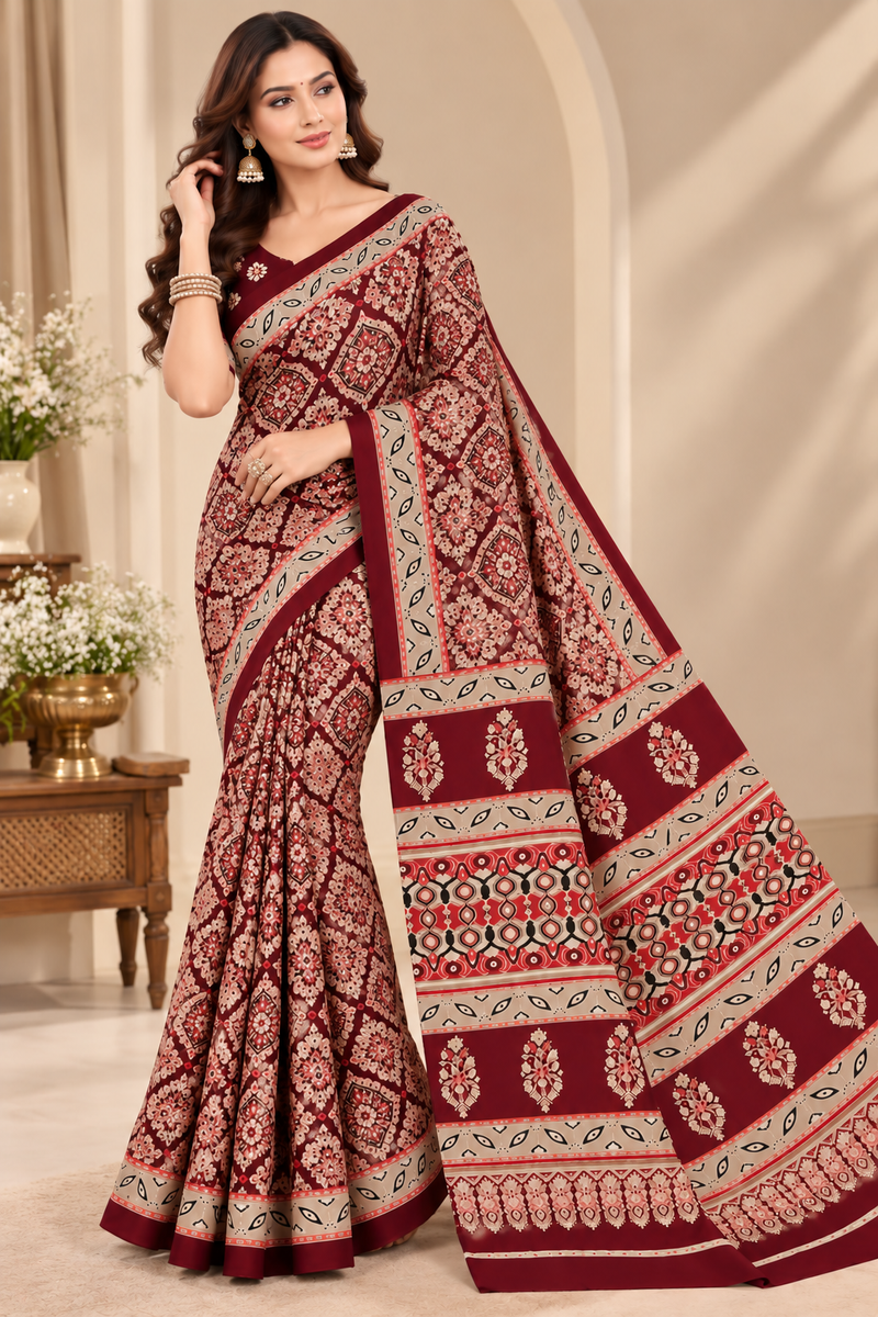 Maroon Modal Silk Saree with Mirror Work & Designer Border