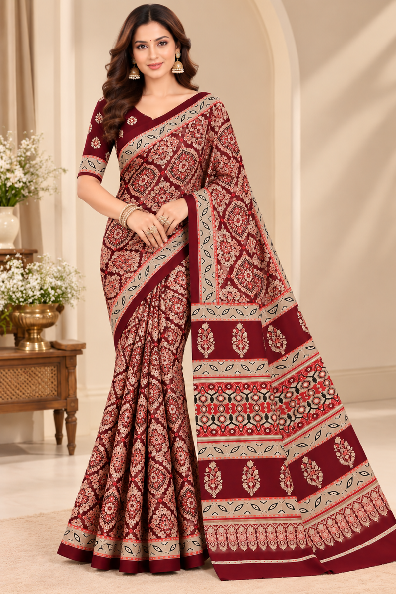 Maroon Modal Silk Saree with Mirror Work & Designer Border