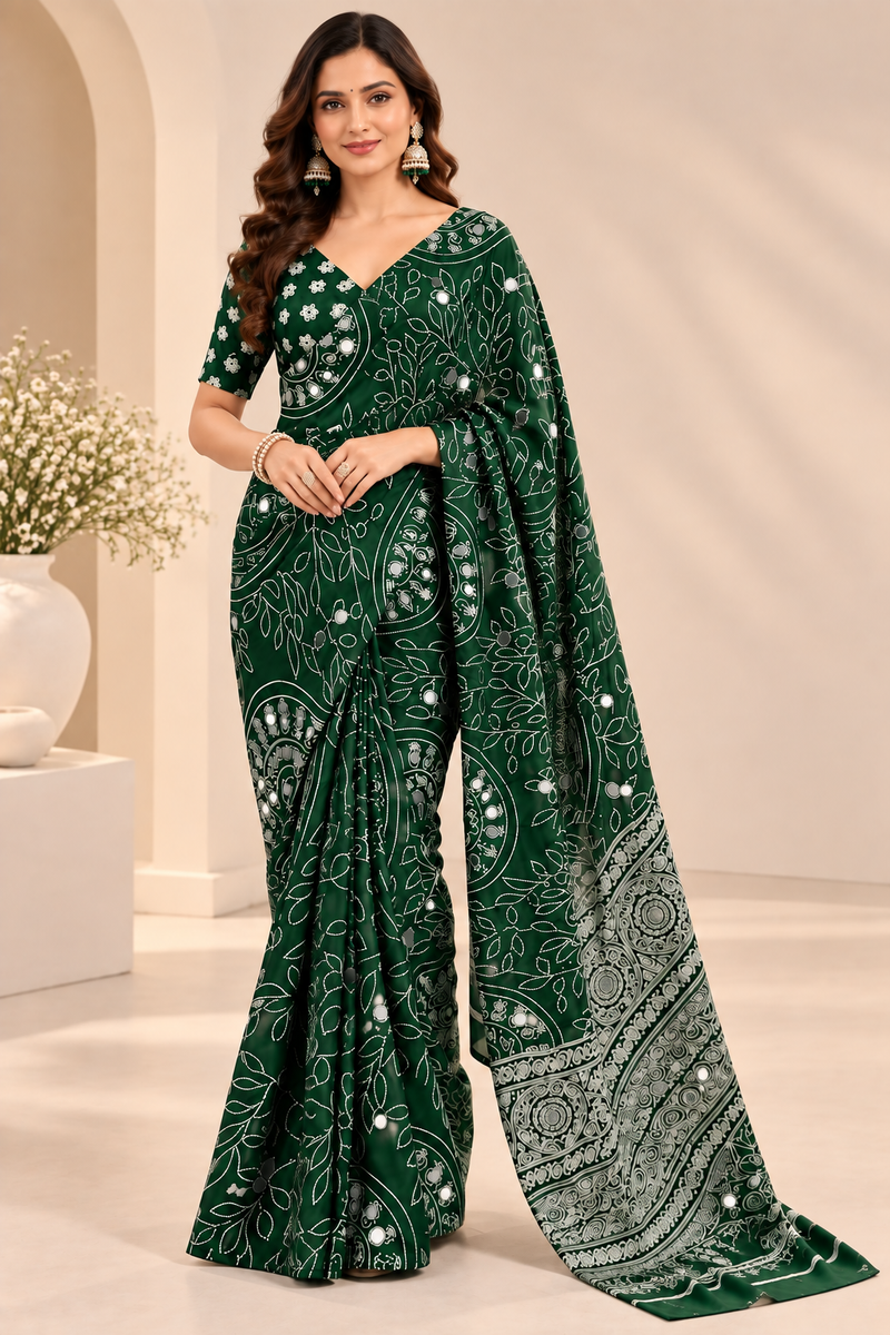 Dark Green Modal Silk Saree with Mirror Work & Designer Border