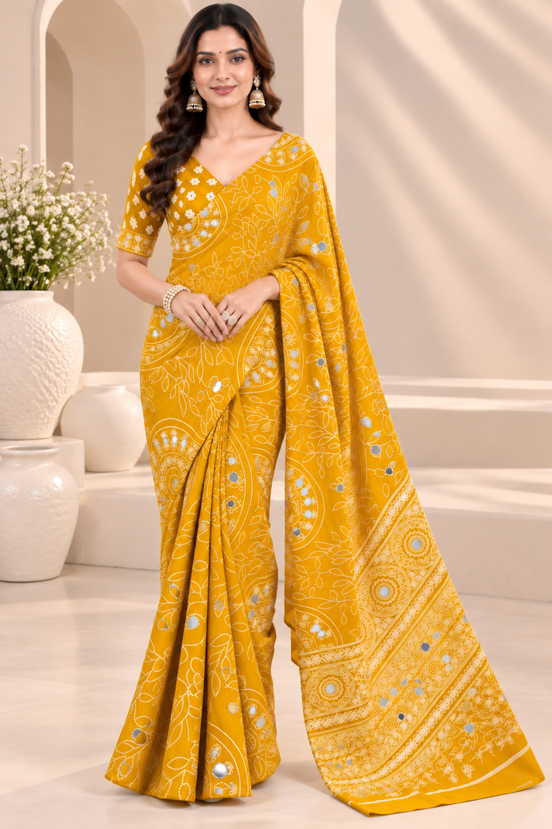 Yellow Modal Silk Saree with Mirror Work & Designer Border