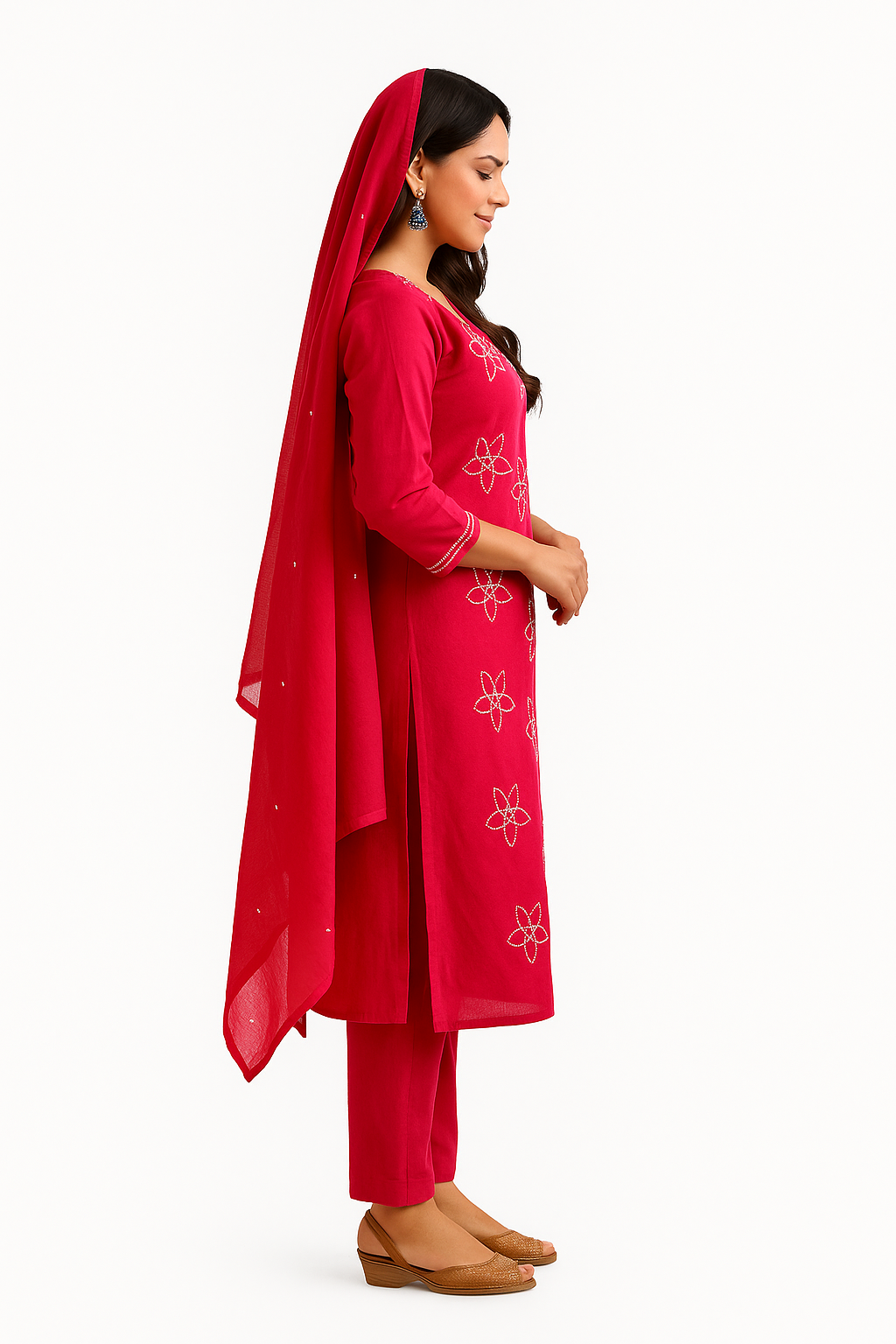 Ruaati Women Cotton Embroidery Kurta Pant Dupatta 3 PC. Suit for Festive Wear