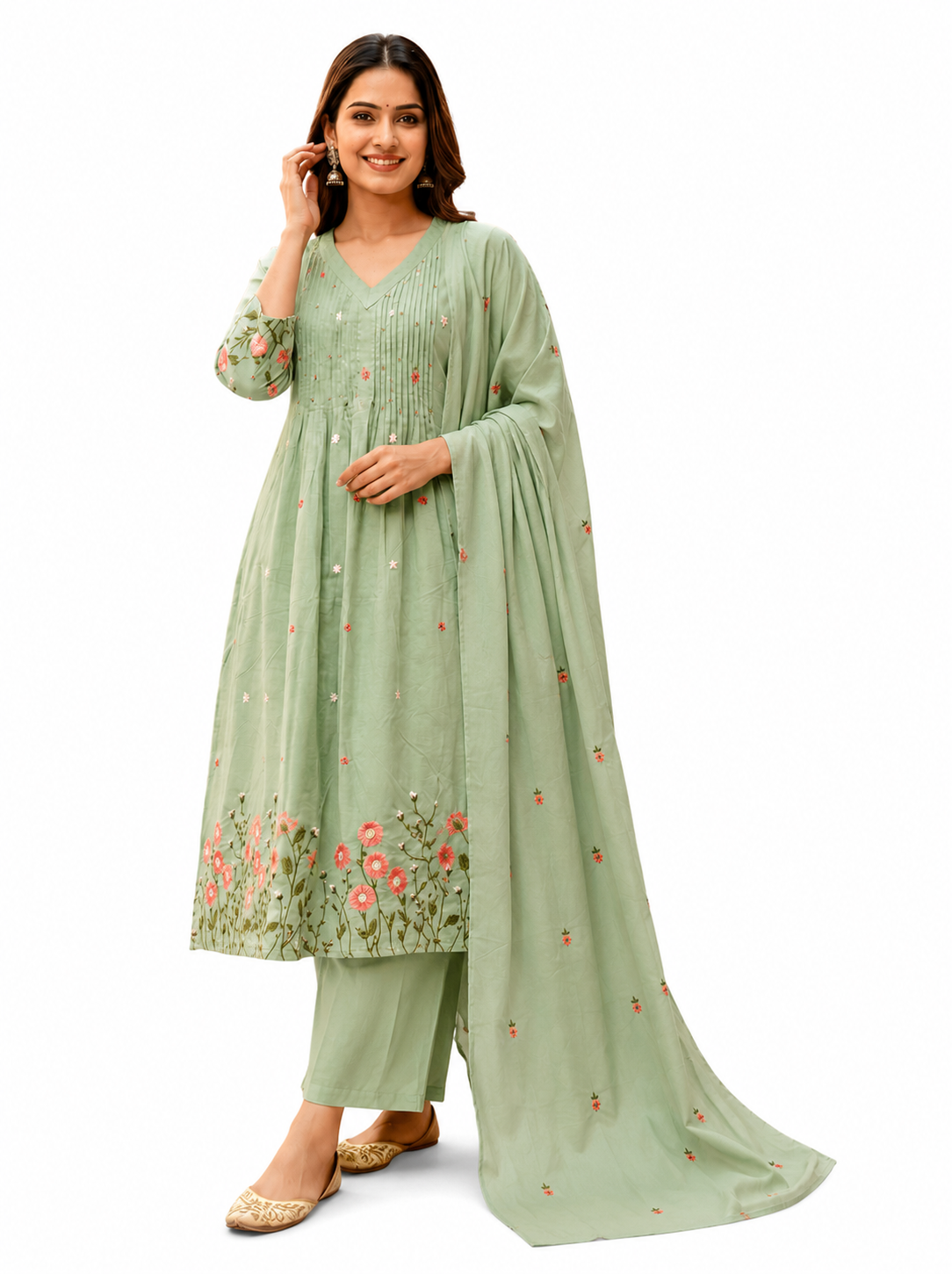 Ruaati Women's Mint Green Embroidered Mul Cotton A-Line Kurta Pant with Embroidered Dupatta | Floral Ethnic Suit Set | Festive & Casual Wear
