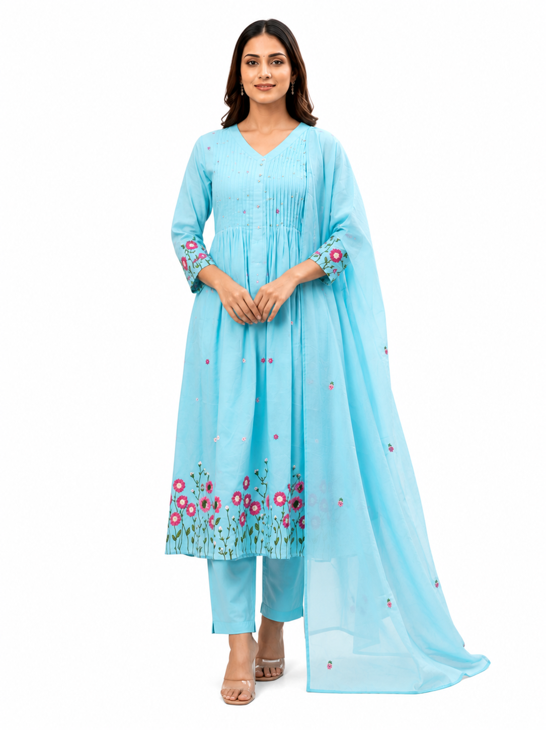 Ruaati Women's Sky Blue Embroidered Mul Cotton A-Line Kurta Pant with Embroidered Dupatta | Floral Ethnic Suit Set | Festive, Casual & Office Wear