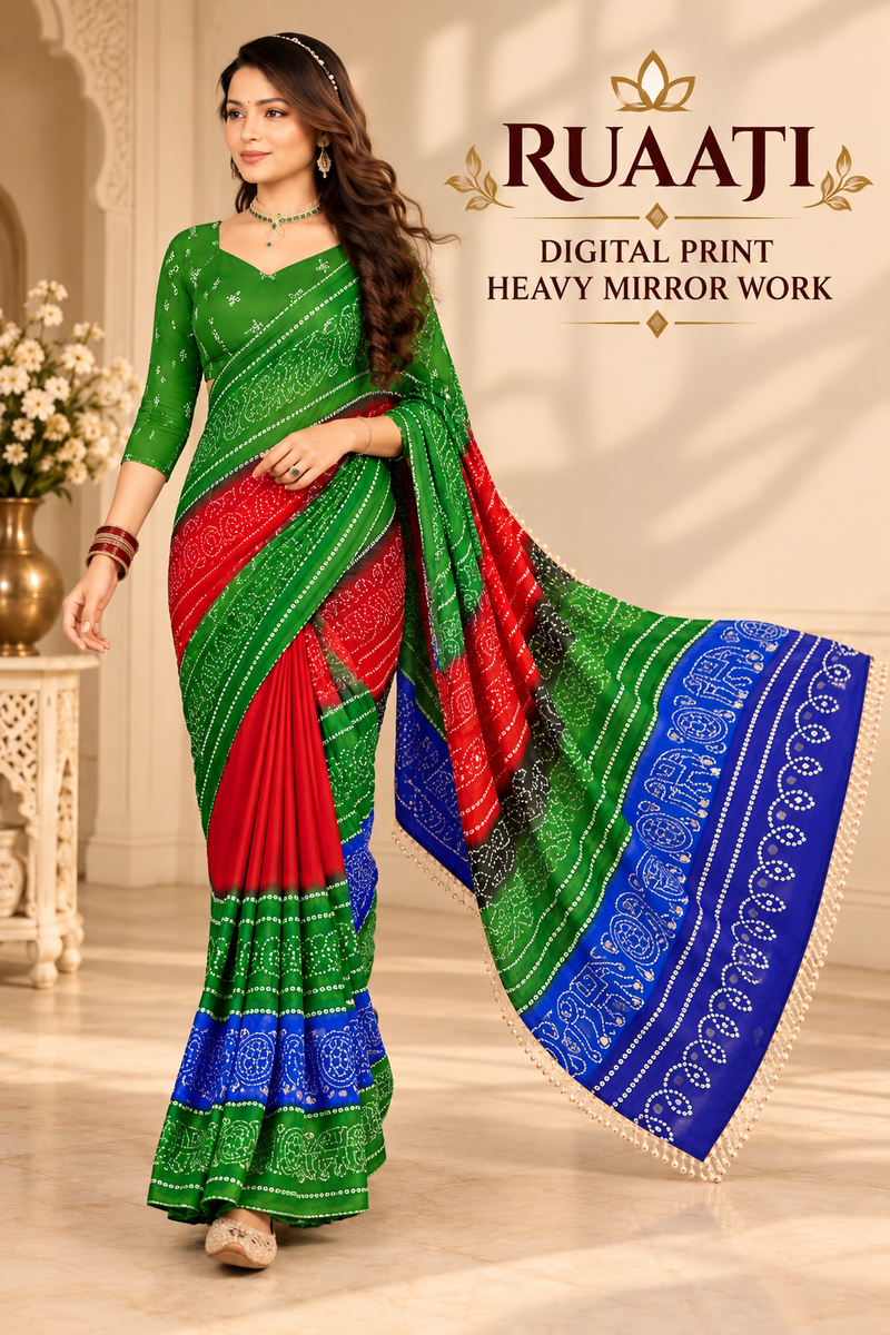 Multi Color Georgette Saree with Digital Print & Heavy Mirror Work