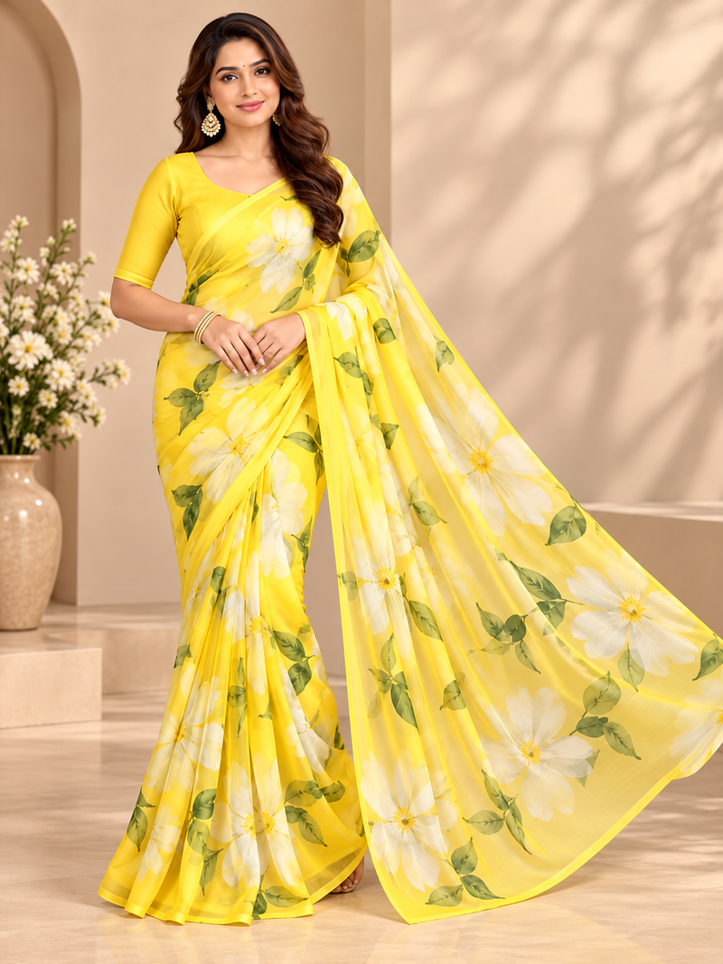 Yellow Floral Printed Georgette Saree