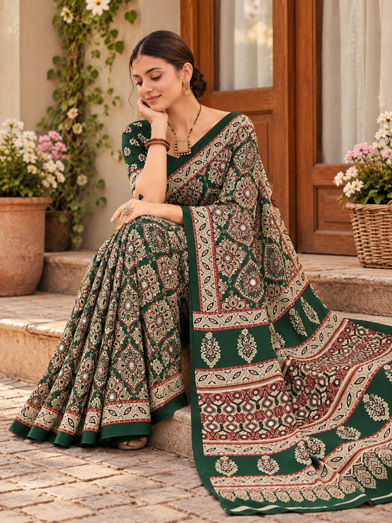 Green Modal Silk Saree with Mirror Work & Designer Border