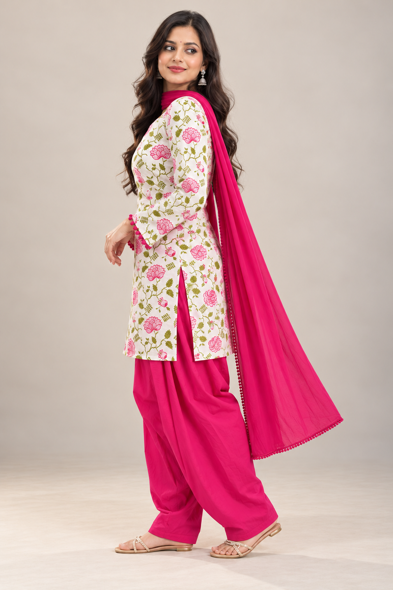 Ruaati Pink Printed Cotton Farsi Salwar Suit Set with Dupatta