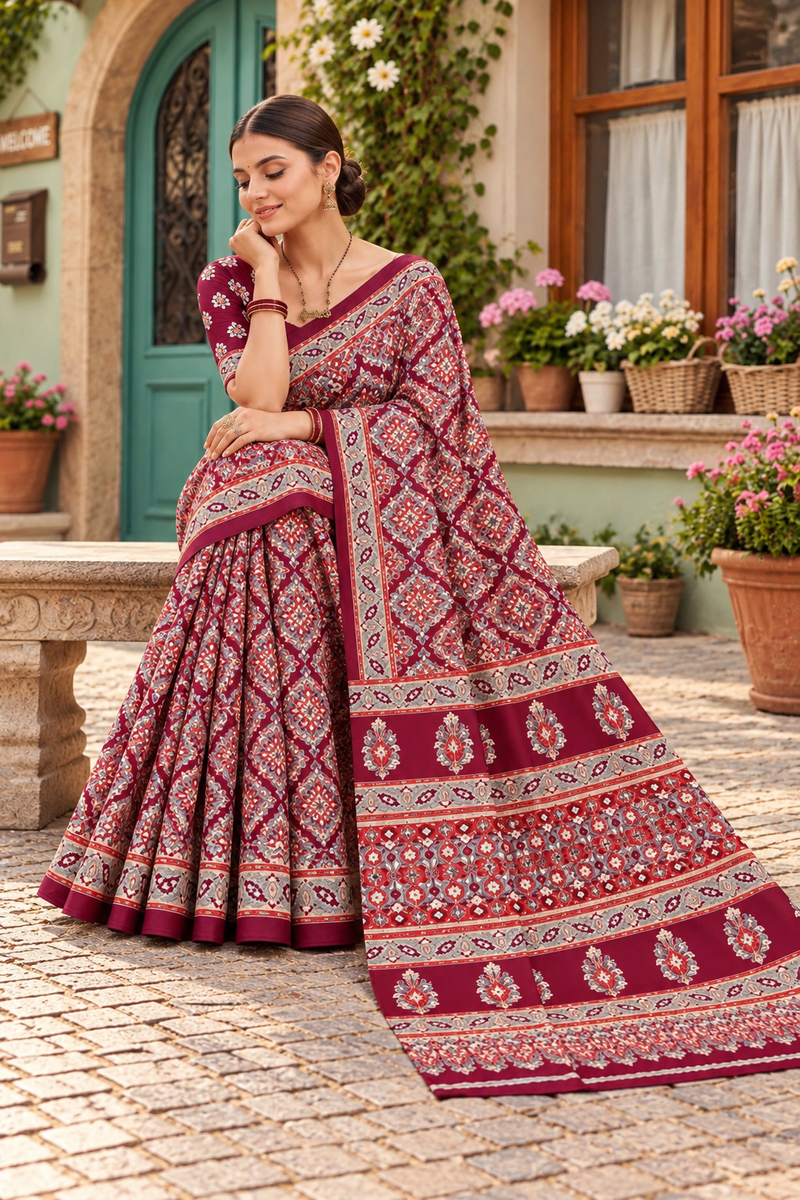 Maroon Modal Silk Saree with Mirror Work & Designer Border