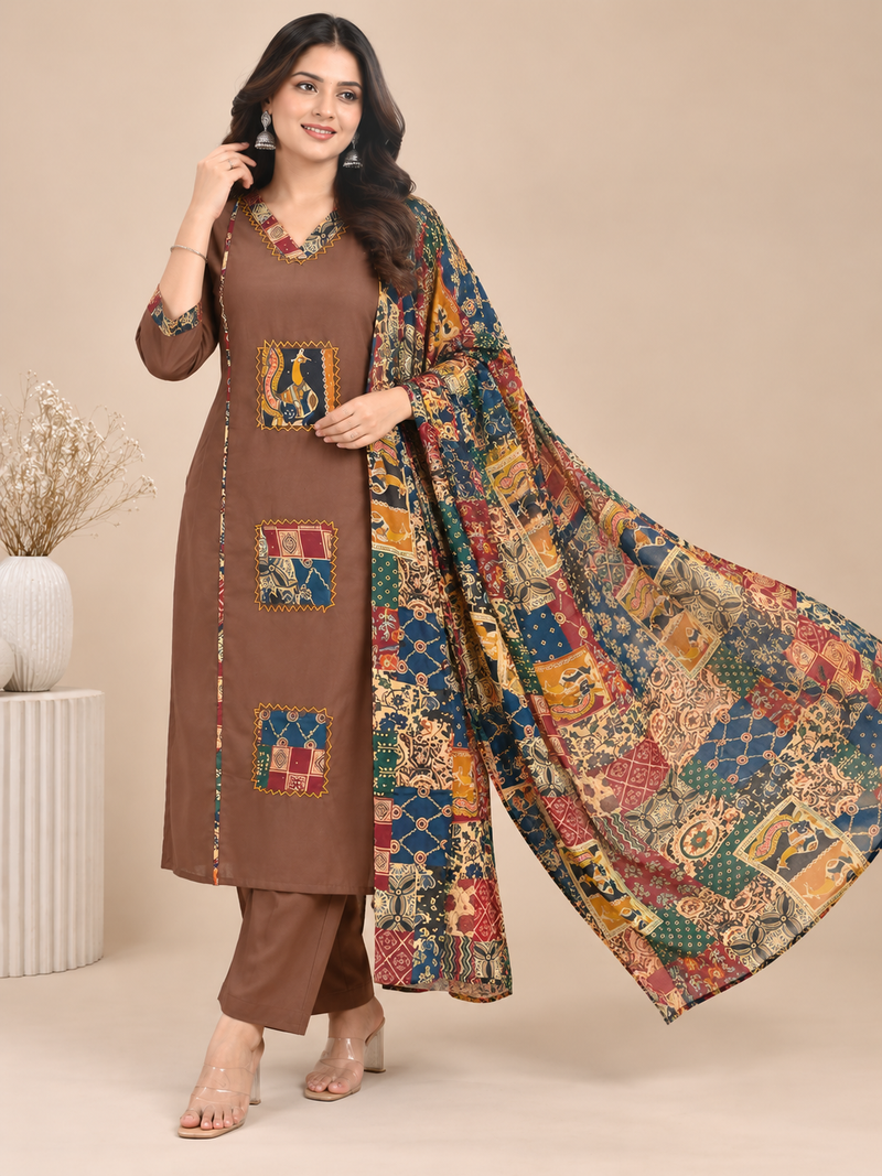 Brown Printed Embroidered Suit Set