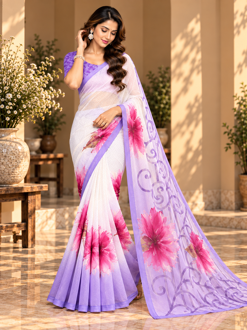 Lavender Floral Printed Georgette Saree