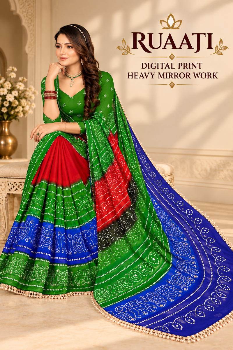 Multi Color Georgette Saree with Digital Print & Heavy Mirror Work