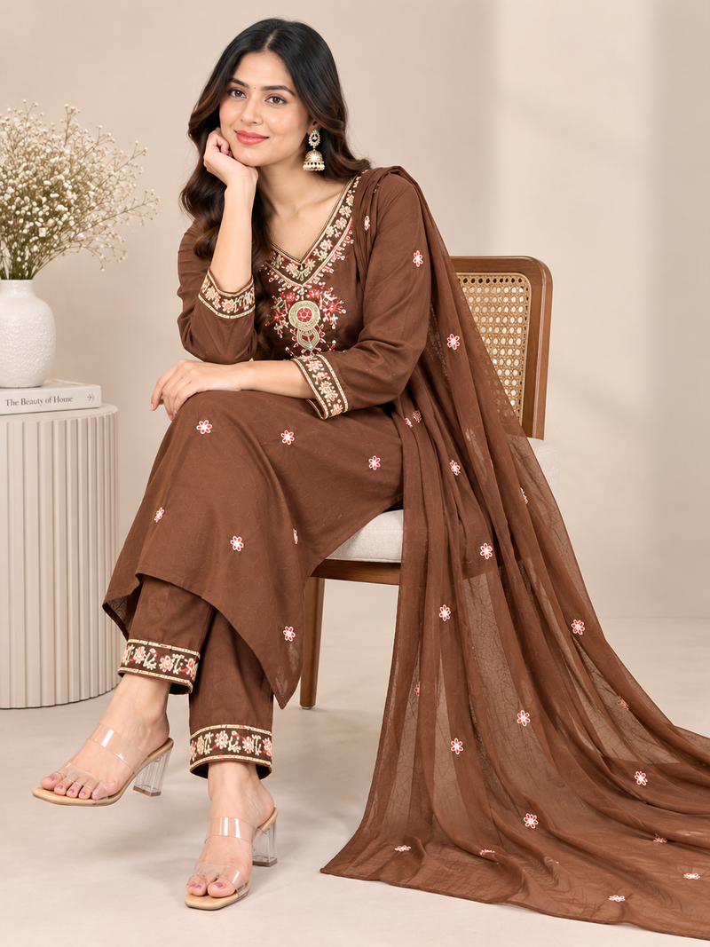 Brown Floral Embroidered Suit Set with Dupatta