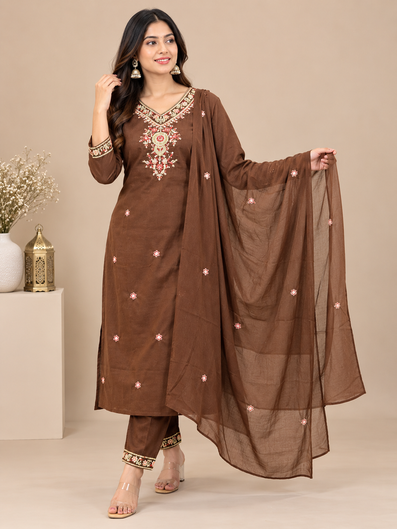 Brown Floral Embroidered Suit Set with Dupatta