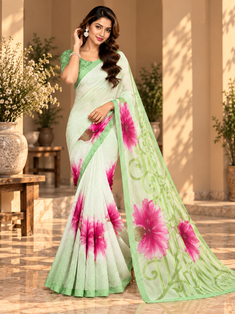 Mint Green Floral Printed Georgette Saree