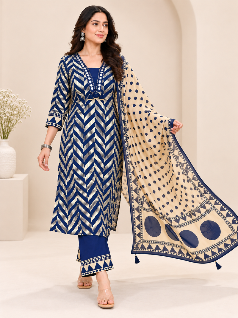 Blue Printed Cotton Suit Set