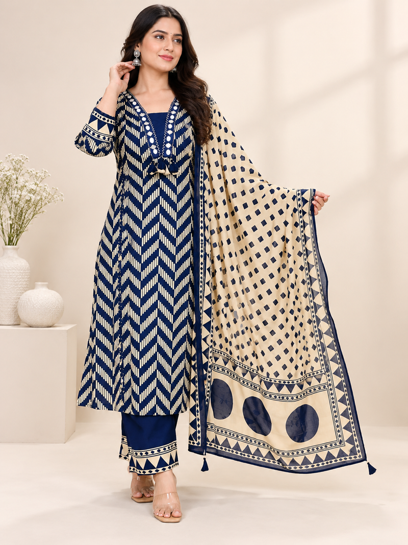 Blue Printed Cotton Suit Set