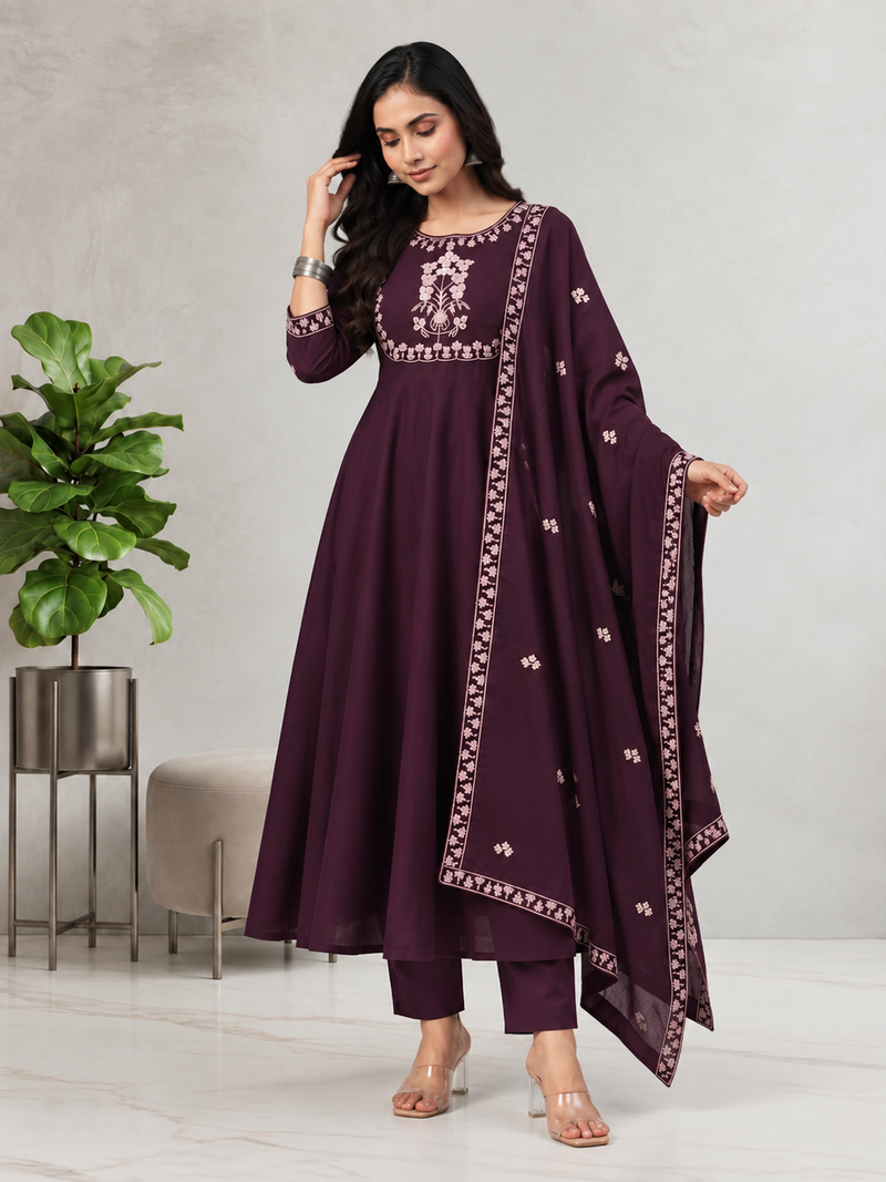 Dark Purple Embroidered Anarkali With Dupatta