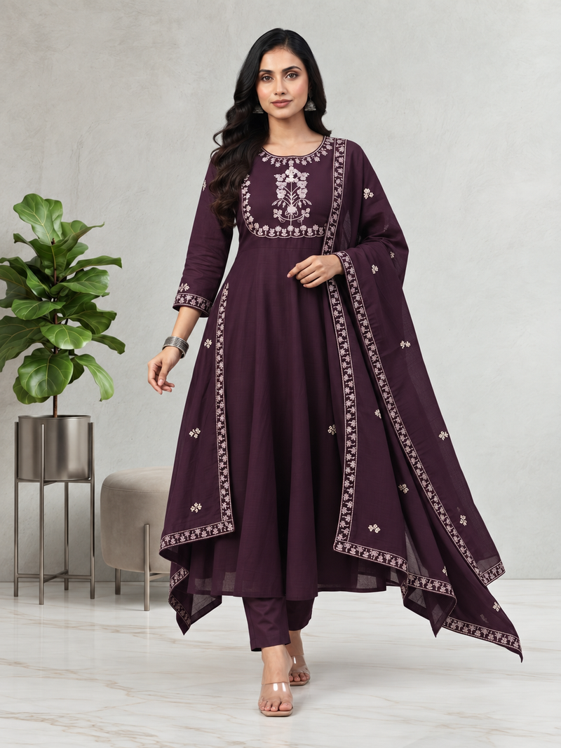 Dark Purple Embroidered Anarkali With Dupatta