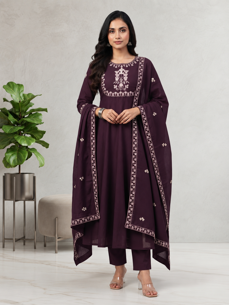 Dark Purple Embroidered Anarkali With Dupatta