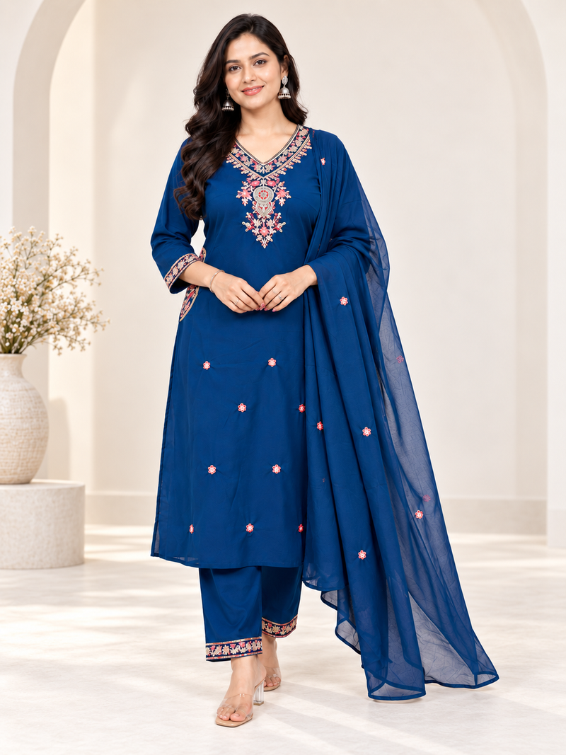 Ruaati Blue Embroidered Suit with Dupatta