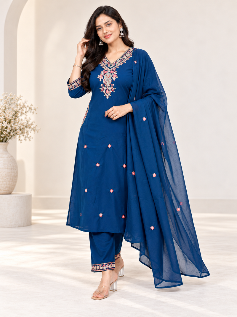 Ruaati Blue Embroidered Suit with Dupatta