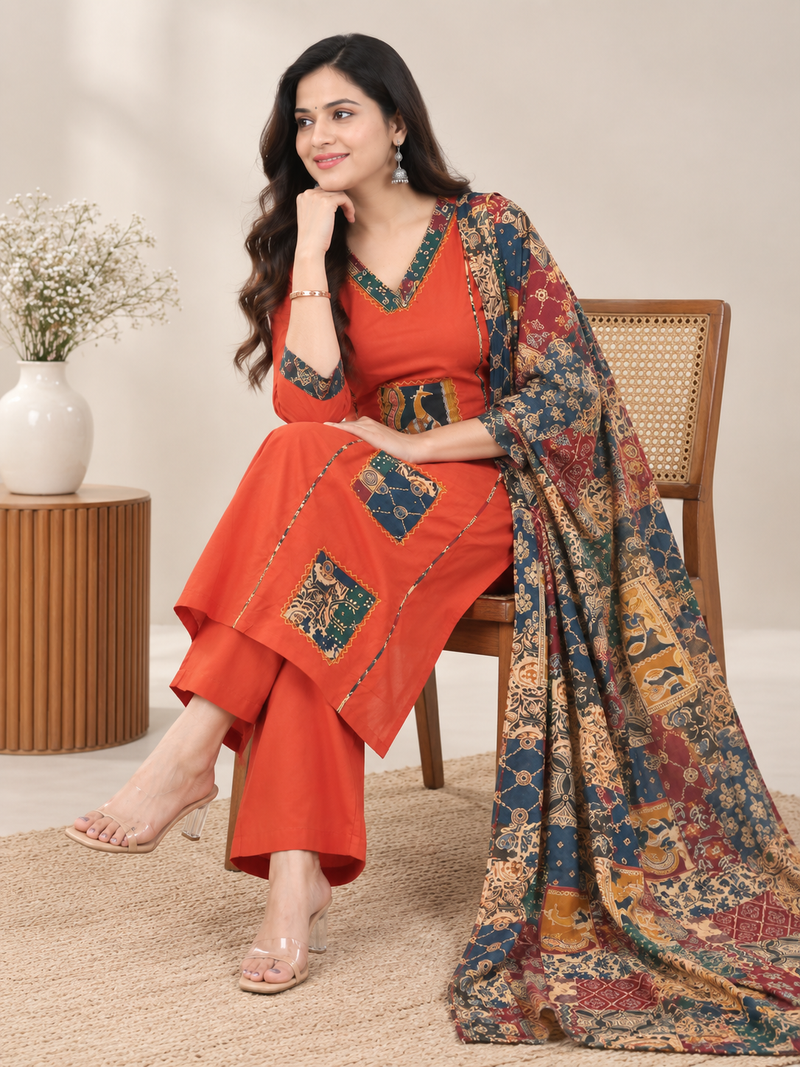 Orange Printed Embroidered Suit Set