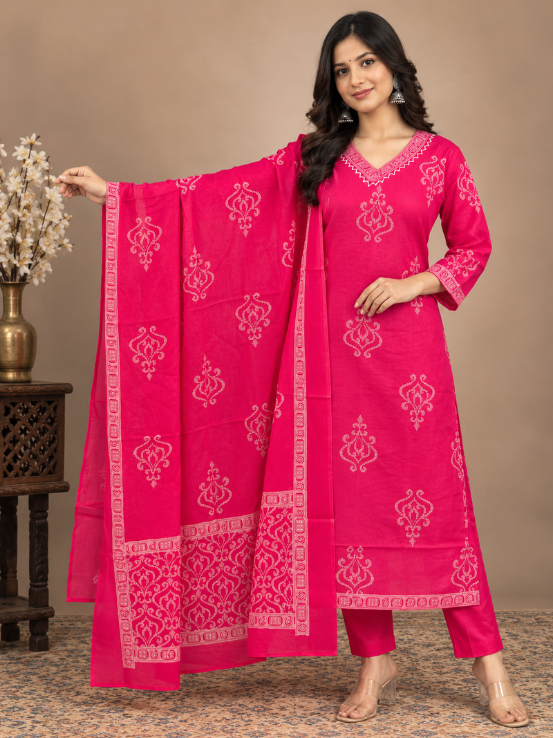 Magenta Embroidered Cotton Suit Set for Women