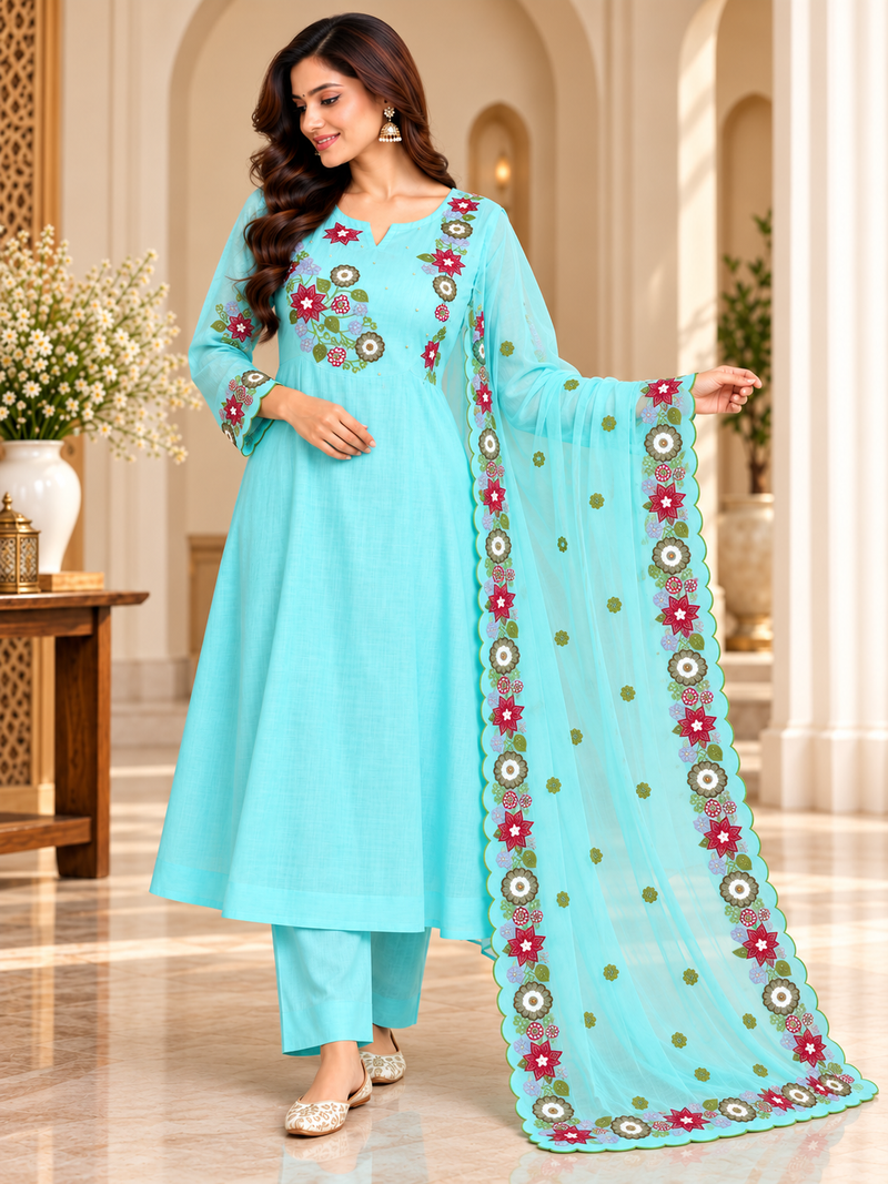 Aqua Blue Floral Embroidered Anarkali Set